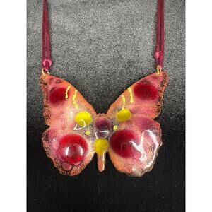 Vintage Red Burgundy Yellow Butterfly Necklace
